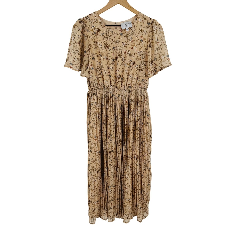 Hayden Los Angeles Neutral Floral Pleated Midi Dress‎ Flutter Size S Romantic